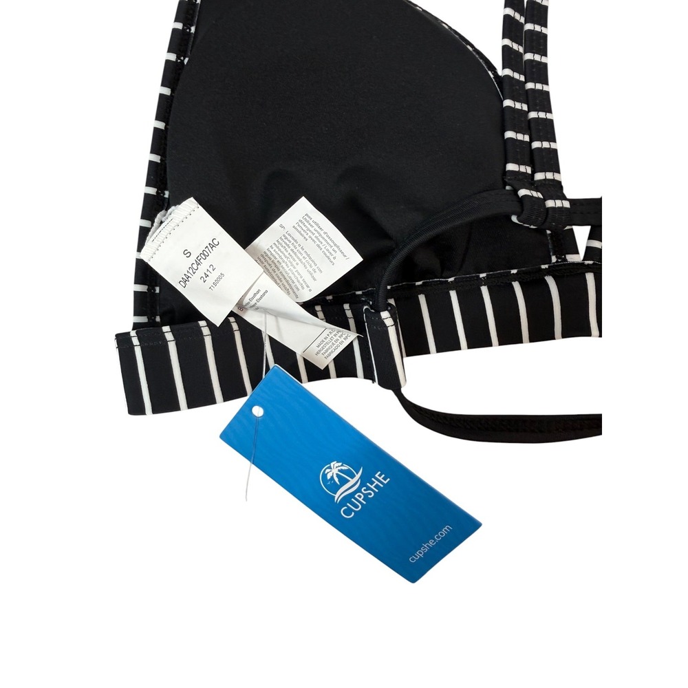 Cupshe NWT Black White Stripe V-Neck Double Strap Bikini Hip Cutout Set Small S - Picture 11 of 13